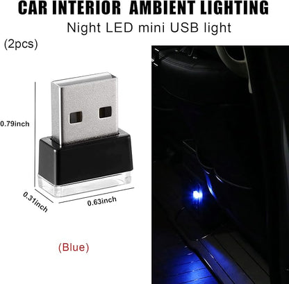2 PCS USB LED Car Interior Atmosphere Lamp, Portable Mini LED Night Light, Plug-in USB Interface Trunk Ambient Lighting Kit, Universal Interior Car Accessories (Blue)