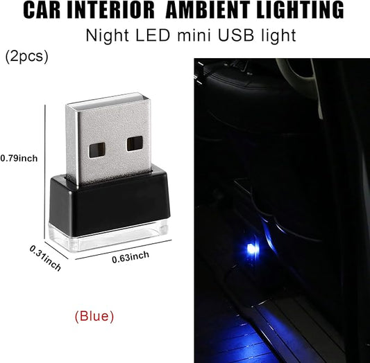 2 PCS USB LED Car Interior Atmosphere Lamp, Portable Mini LED Night Light, Plug-in USB Interface Trunk Ambient Lighting Kit, Universal Interior Car Accessories (Blue)