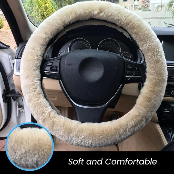 Andalus Brands Luxury Fluffy Car Steering Wheel Covers – Genuine Merino Sheepskin, Soft Fuzzy Car Steering Wheel Cover for Women, Universal 14.5-15" Size, Plush Fur Cute Auto Accessories, Pearl
