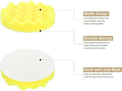 HARFINGTON 3pcs Buffing Sponge Pads 5" Polishing Wheel Waffle Finishing Grip Pad Car Buffer Polisher with Hook and Loop Back for Car Detailing Polishing Waxing, Yellow
