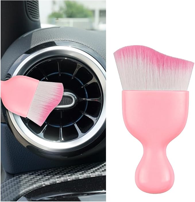 Car Interior Detailing Brush, Curved Soft Bristles Vehicle Removal Dust Collectors, Scratch-Free Automotive Cleaning Tool Accessories, Universal for Truck SUV Sedan (Pink Handle/White Bristle)