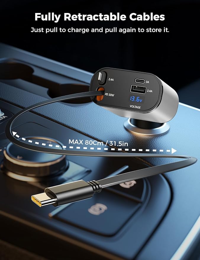 【Upgraded】 SUPERONE Retractable Car Charger 4 in 1, Fast Car Phone Charger with Cord 2.6ft, USB C and Apple Car Charger Adapter, Compatible with iPhone 17/16/15/15 Pro Max/14/13/12/11, Galaxy, Pixel
