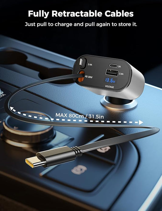 【Upgraded】 SUPERONE Retractable Car Charger 4 in 1, Fast Car Phone Charger with Cord 2.6ft, USB C and Apple Car Charger Adapter, Compatible with iPhone 17/16/15/15 Pro Max/14/13/12/11, Galaxy, Pixel