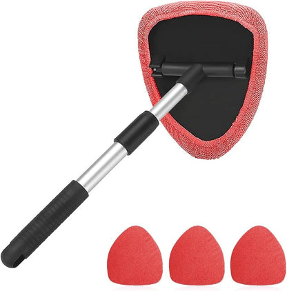 Windshield Cleaning Tool, Car Window Cleaner with Extendable Long Handle and 4 Washable Reusable Microfiber Pads, Auto Interior Exterior Glass Wiper Cleaning Kit Universal for Office and Home (Red)