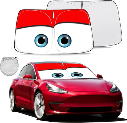 Gven Windshield Sun Shade for 2017-2026 Tesla Model Y/Model 3 Sunshade Accessories Foldable Sunshade (Fit 2025-2026 Model Y Juniper/ 2024 Model 3 Highland) Blocks UV Rays Keep Car Cool (Red)
