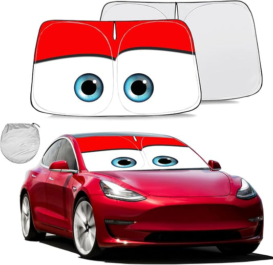 Gven Windshield Sun Shade for 2017-2026 Tesla Model Y/Model 3 Sunshade Accessories Foldable Sunshade (Fit 2025-2026 Model Y Juniper/ 2024 Model 3 Highland) Blocks UV Rays Keep Car Cool (Red)