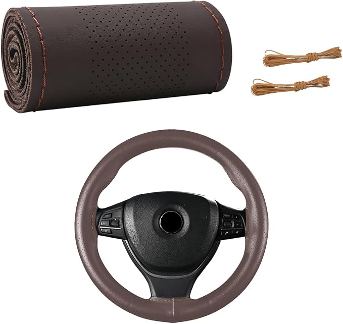 Wevdn Genuine Leather Steering Wheel Cover, Stitch on Wrap, DIY Sewing Steering Wheel Protector, 15 Inch Breathable Non-Slip Steering Wheel Protector, Car Accessories (Coffee, Middle Hole)
