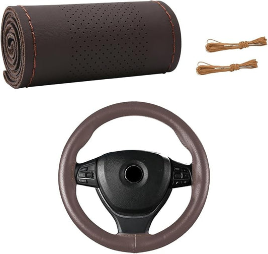 Wevdn Genuine Leather Steering Wheel Cover, Stitch on Wrap, DIY Sewing Steering Wheel Protector, 15 Inch Breathable Non-Slip Steering Wheel Protector, Car Accessories (Coffee, Middle Hole)