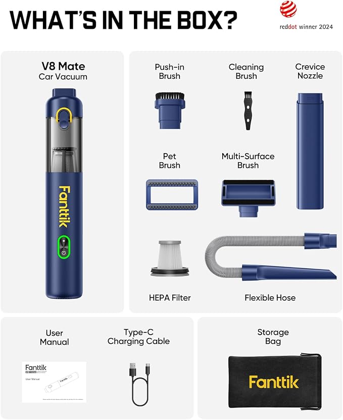 Fanttik V8 Mate Upgraded Cordless Car Vacuum, Portable Mini Vacuum with 13000pa Suction Power, 2 Suction Modes, Type-C Charge, Handheld Vacuum for Car, Small Tasks, Keyboards, Office Desk (Blue)
