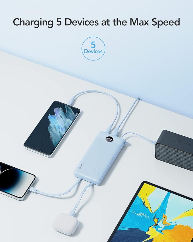 VRURC Portable Charger for iPhone, Built in Cables & Lanyard Power Bank 10000mAh, Compact USB C Charging Bank 5 Outputs for Multi Devices,Travel Essential for Hiking Camping Business Cruise Ship-Blue