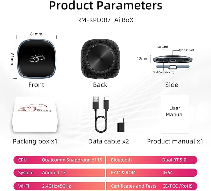 [4G+64G] Android 13-Wireless-CarPlay-Ai-Box,Plug&Play Wired to Wireless Adapter Magic CarPlay Box for Netflix/YouTube/TikTok,Support Local 4G SIM Card,Split Screen,GPS Navigation