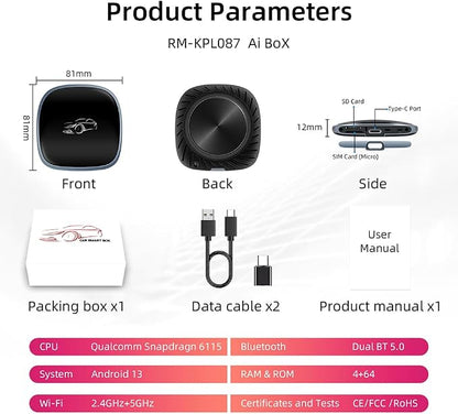 [4G+64G] Android 13-Wireless-CarPlay-Ai-Box,Plug&Play Wired to Wireless Adapter Magic CarPlay Box for Netflix/YouTube/TikTok,Support Local 4G SIM Card,Split Screen,GPS Navigation
