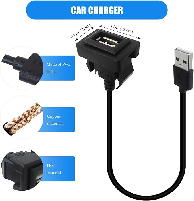 GRABOTE Male to Female USB Power Socket Adapter, USB Port Car Charger Compatible with Toyota Corolla 2007–2009