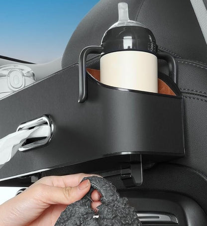 Backseat Car Organizer with 2 Drink Cup Holder - Tissue Holder - Car Seat Hooks for Headrest - Multi-functional Storage for Travel - Perfect for Kids, Adults(Black)