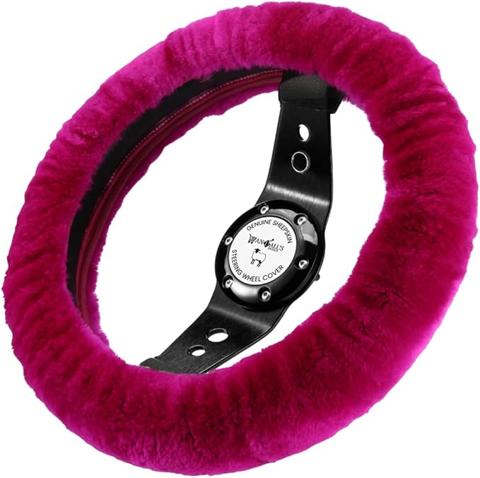 Andalus Brands Luxury Fluffy Car Steering Wheel Covers – Genuine Merino Sheepskin, Soft Fuzzy Car Steering Wheel Cover for Women, Universal 14.5-15" Size, Plush Fur Cute Auto Accessories, Hot Pink