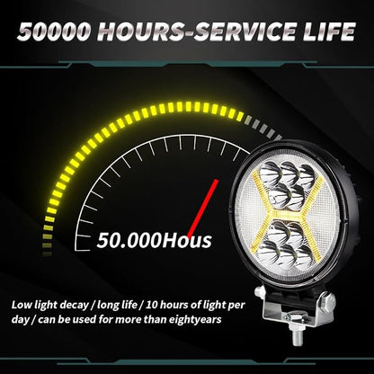 2PCS 72W Round LED Pods, Off Road LED Work Light with 4.5" Amber Strobe DRL Light, Spot Flood Combo Beam, 12V-36V for Motorcycle SUV Boat Truck
