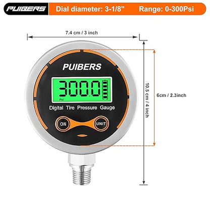300 Psi Digital Water Pressure Gauge 1/4 NPT Lower Mount，Media Water, Air or Oil Pressure Gauge 304 Stainless ±0.25% Accuracy,Suitable for Home Water Pipe, HVAC,Air Pressure Measuring
