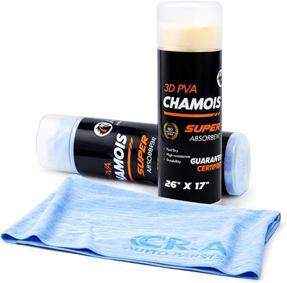 R.A. Car Drying Chamois 2-Pack (26x17in) - Ultra-Absorbent PVA Microfiber Towels for Cars - Streak-Free, Scratch-Resistant Cleaning with Storage Case - Essential Car Wash Kit Accessory