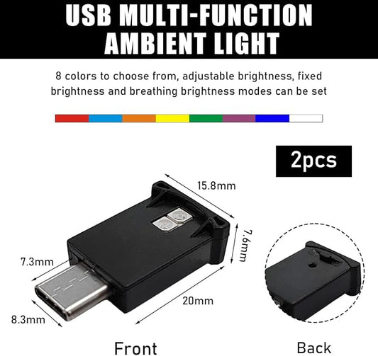 povtii 2PCS USB Type C LED Ambient Light, Mini 8 Colors RGB LED Light, Adjustable Brightness Interior Atmosphere Lamp for Automotive, Home, Laptop, Lighting Parts Car Accessories