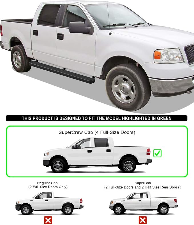 APS 5in Stainless Steel Black Running Boards Compatible with Ford F150 2004-2008 SuperCrew Cab (Exclude 04 Heritage Edition) (Nerf Bars Side Steps)
