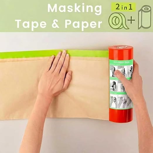 Pre-Taped Masking Paper with Dispenser - 12" x 50' Painters Paper and Tape for Painting House, Furniture, Cars Auto Body (1 Dsp 1Tape 2 Refills: 12" x50')