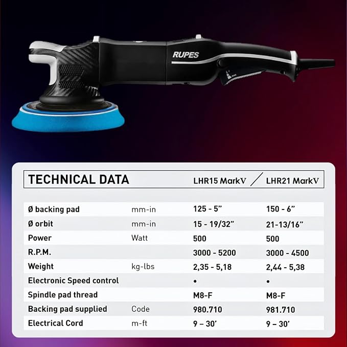 RUPES LHR21V Single BigFoot Mark V Random Orbital Polisher - Reduced Noise & Vibrations - Enhanced Motor Efficiency - Gears Require Minimal Lubrication - Provides Optimal Balance - Stable Grip