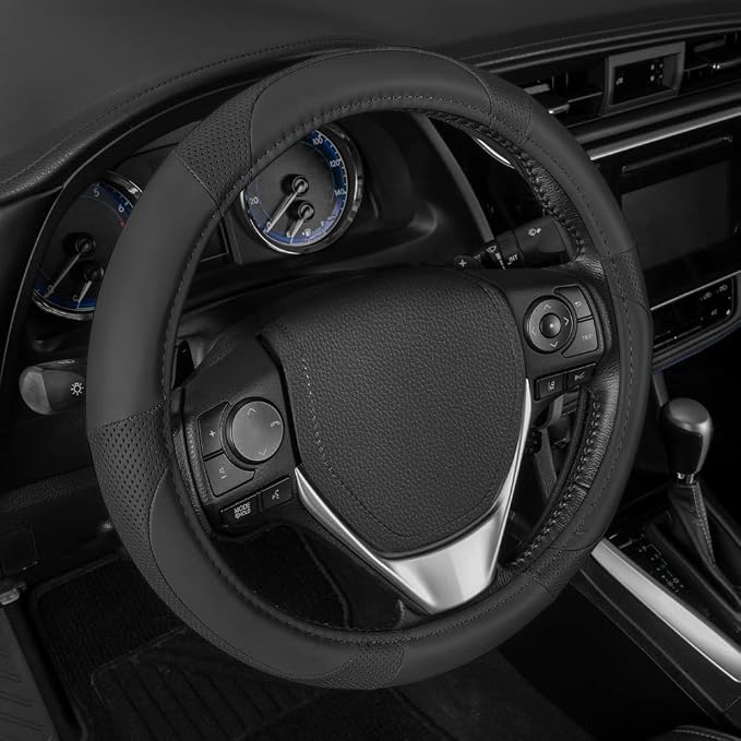 Motor Trend Perforated Microfiber Leather Steering Wheel Cover for Cars Trucks SUVs Vans, Sporty Racing Improved Grip Anti-Fatigue Ergonomic Design, Airbag Compatible - Fits Standard 15" Inch - Black
