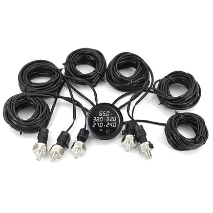 New Upgrade 12V/24V Five Pressure Air Pressure Gauge 2Inch(52mm) 0-232PSI with 5Pcs 1/8NPT Sensors and 16.5ft (5M) Sensor Cable LED White