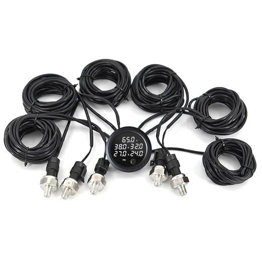 New Upgrade 12V/24V Five Pressure Air Pressure Gauge 2Inch(52mm) 0-232PSI with 5Pcs 1/8NPT Sensors and 16.5ft (5M) Sensor Cable LED White