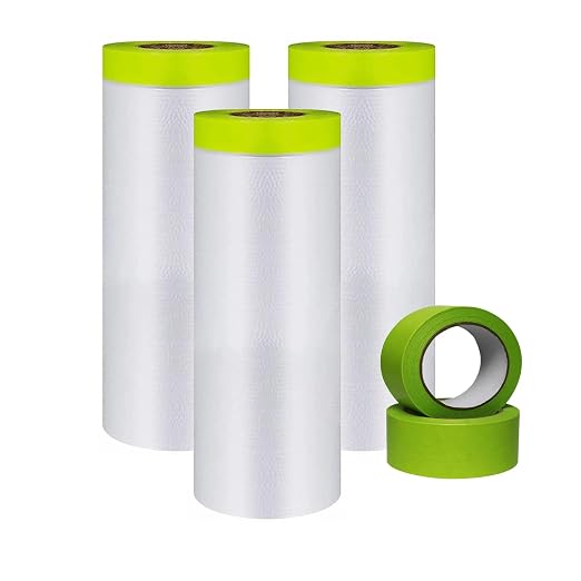 Painters Tape and Drape, 3 Rolls Automotive Painters Tape and Plastic Film, Paint Covering Roll for Cars and Auto Body (55in X 65-Feet)