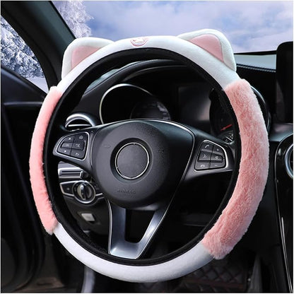 Bittwee Car Steering Wheel Cover, Fluffy Soft Plush for Winter Warm, Cute Steering Wheel Protector with Kitty Cat Ears, Universal 15 Inch, Elastic & Anti-Slip, Lovely Decor Car Accessories (Pink)