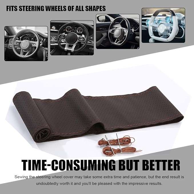 Wevdn Genuine Leather Steering Wheel Cover, Stitch on Wrap, DIY Sewing Steering Wheel Protector, 15 Inch Breathable Non-Slip Steering Wheel Protector, Car Accessories (Coffee, Full Hole)