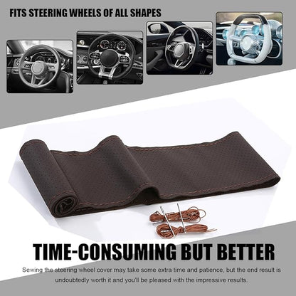 Wevdn Genuine Leather Steering Wheel Cover, Stitch on Wrap, DIY Sewing Steering Wheel Protector, 15 Inch Breathable Non-Slip Steering Wheel Protector, Car Accessories (Coffee, Full Hole)
