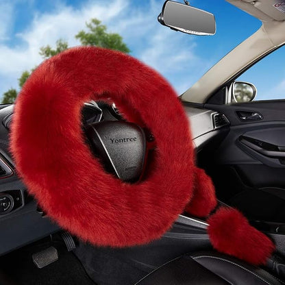 Yontree Fashion Fluffy Steering Wheel Covers for Women/Girls/Ladies/Men Australia Pure Wool Universal 15 Inch 1 Set 3 Pcs Long Wool Burgundy