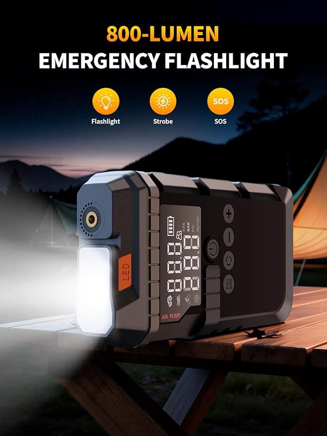 Jump Starter with Air Compressor, Battery Jumper Starter Portable,12V Jump Box with 160PSI Tire Inflator for Car Battery, LED Display for All Gas & 12L Diesel Engines, LED Light, Jumper Cables