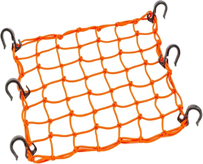 Small Cargo Net 15"x15" Stretches to 30"x30" with Thicken Hooks | Natural Latex Core, Tight 2”x2” Mesh Heavy Duty Bungee Net for Motorcycle Helmet, Bike, ATV, UTV, Luggage (Orange, 1 Pack)