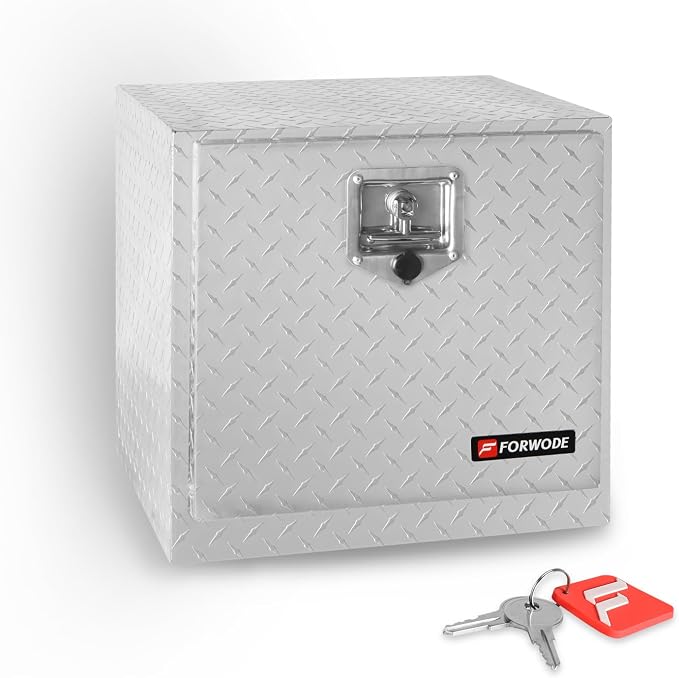 FORWODE 18x17x18 Inch Underbody Truck Tool Box Aluminum Trailer Tool Box with Lock & Foldable T-Handle Waterproof Truck Storage Box for Pickup Truck, Trailer, RV, ATV, Indoor（SILVER）