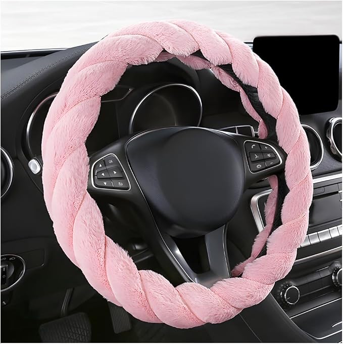 KVAEY Fluffy Car Steering Wheel Cover, 15 Inches Anti-Slip Round Fuzzy Winter Steering Wheel Protector, Soft Warm Plush Steering Wheel Cover for Women Girls, Car Accessories (Pink, Round)