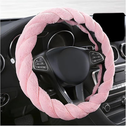 KVAEY Fluffy Car Steering Wheel Cover, 15 Inches Anti-Slip Round Fuzzy Winter Steering Wheel Protector, Soft Warm Plush Steering Wheel Cover for Women Girls, Car Accessories (Pink, Round)