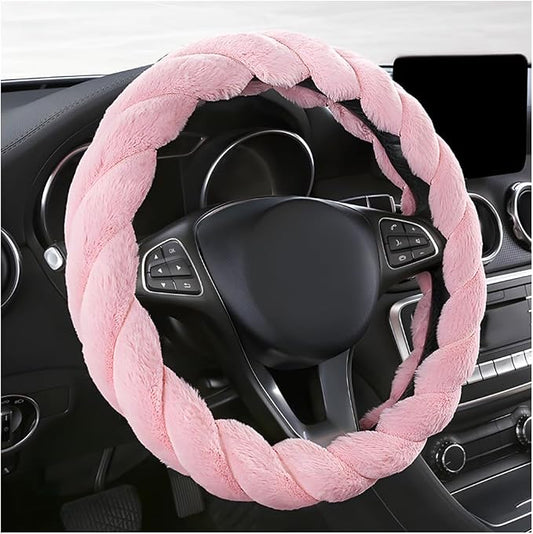 KVAEY Fluffy Car Steering Wheel Cover, 15 Inches Anti-Slip Round Fuzzy Winter Steering Wheel Protector, Soft Warm Plush Steering Wheel Cover for Women Girls, Car Accessories (Pink, Round)