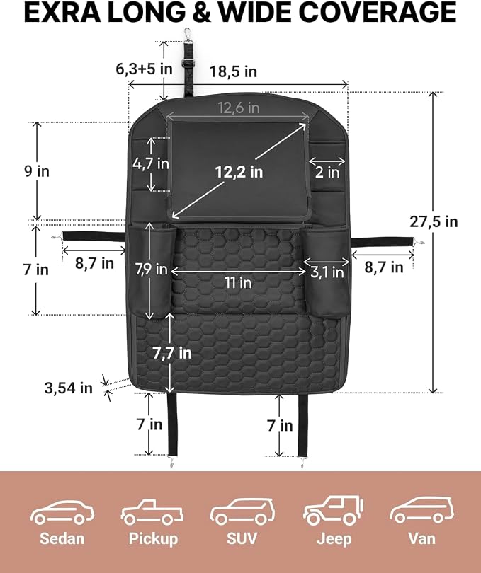 Owleys Back of Seat Organizer for Kids with Transparent Tablet Pocket & 8 Compartments | 27.5"x18.5" | Black Travel Accessory for SUV, Truck, Sedan, Van, Jeep