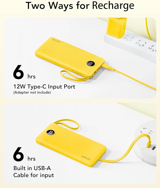VRURC Portable Charger, Built-in 4 Cables Portable Phone Charger 10000mAh | Lightweight Power Bank with 5 Output 2 Input Compatible with Smart Phones,Samsung,Android etc-Yellow(1 Pack)