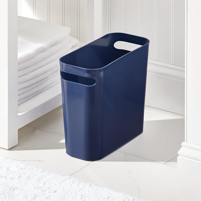 mDesign Plastic Small Trash Can, 1.5 Gallon/5.7-Liter Wastebasket, Narrow Garbage Bin with Handles for Bathroom, Laundry, Home Office - Holds Waste, Recycling, 10" High, Aura Collection, Navy Blue