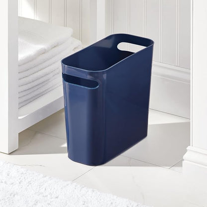 mDesign Plastic Small Trash Can, 1.5 Gallon/5.7-Liter Wastebasket, Narrow Garbage Bin with Handles for Bathroom, Laundry, Home Office - Holds Waste, Recycling, 10" High, Aura Collection, Navy Blue