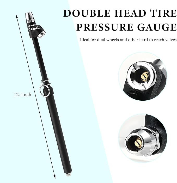 Dual Head Tire Pressure Gauge, Heavy Duty Extended Tube Pen Air Gauges Range 10-150PSI 1-10Bar, Straight-On Foot Pressure Checker for Car Semi Truck RV Van Motorcycle Tires