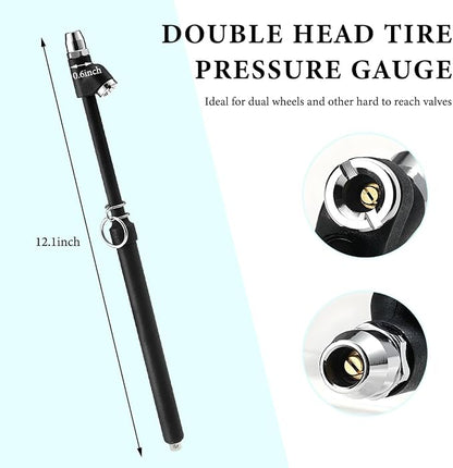 Dual Head Tire Pressure Gauge, Heavy Duty Extended Tube Pen Air Gauges Range 10-150PSI 1-10Bar, Straight-On Foot Pressure Checker for Car Semi Truck RV Van Motorcycle Tires