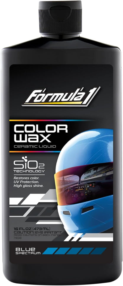 Formula 1 Color Wax Liquid for Blue Cars, Gives Ceramic Water Beading Protection and Ultimate Shiny Finish, Fills Minor Scratches with Color-Match Pigment, 16 oz