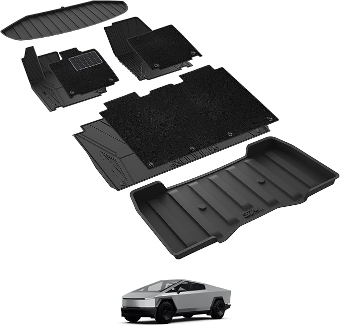 3W Floor Mats with Carpet & Cargo Liner for Tesla Cybertruck 2023 2024 2025 2026, All Weather Waterproof Heavy Duty Accessories Custom Fit Automotive Double Layer Floor Liners & Sub Storage Trunk Mat