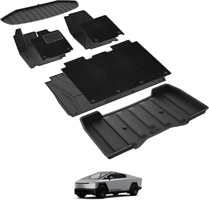 3W Floor Mats with Carpet & Cargo Liner for Tesla Cybertruck 2023 2024 2025 2026, All Weather Waterproof Heavy Duty Accessories Custom Fit Automotive Double Layer Floor Liners & Sub Storage Trunk Mat