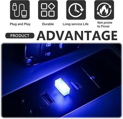 4 PCS USB LED Car Interior Ambient Lighting Kit, Portable Plug-in Atmosphere Lamp Decor Night Light, Universal Vehicle Interior Accessories for Most Cars (Blue)